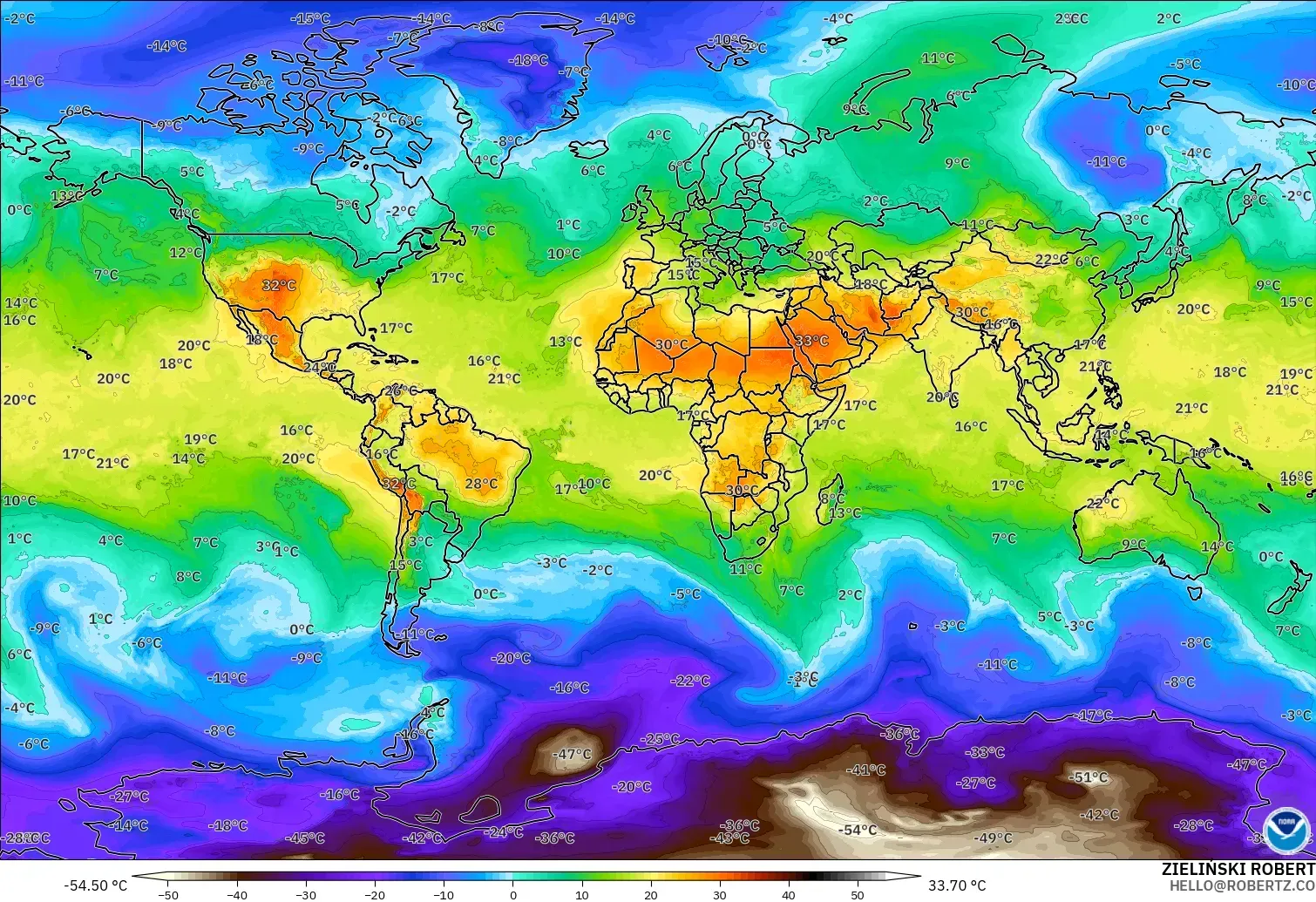 GFS model - Dünya, 850 hPa Sıcaklık