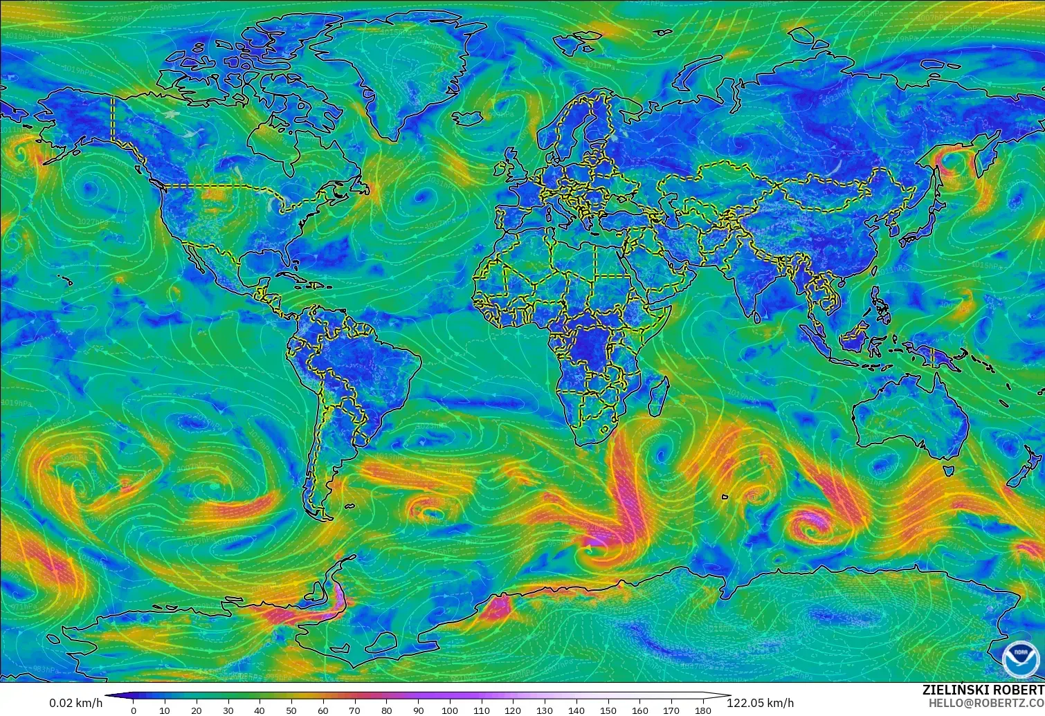 GFS model - Dünya, 10 m Rüzgâr
