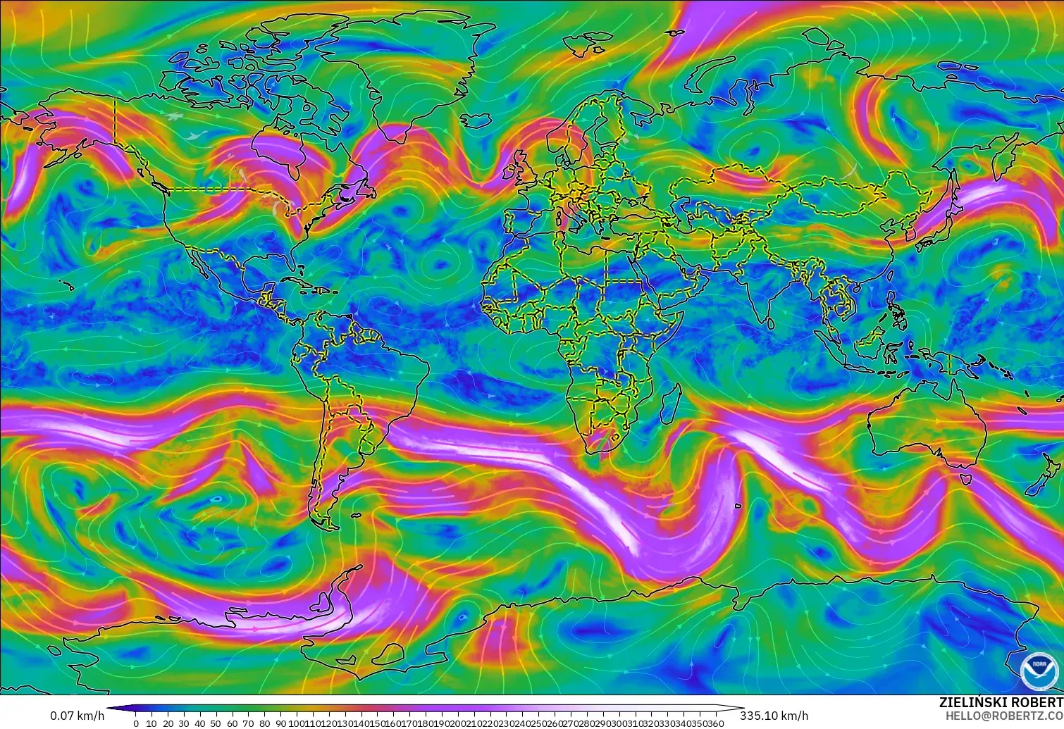 GFS model - Dünya, 300 hPa Rüzgârı (jet)