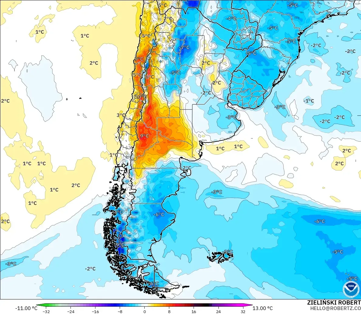 GFS model - Arjantin, 2 m Sıcaklık Anomalisi