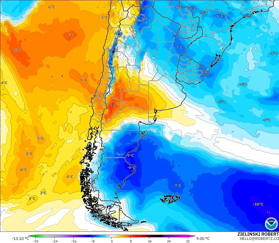 GFS model - Arjantin, 850 hPa Sıcaklık Anomalisi