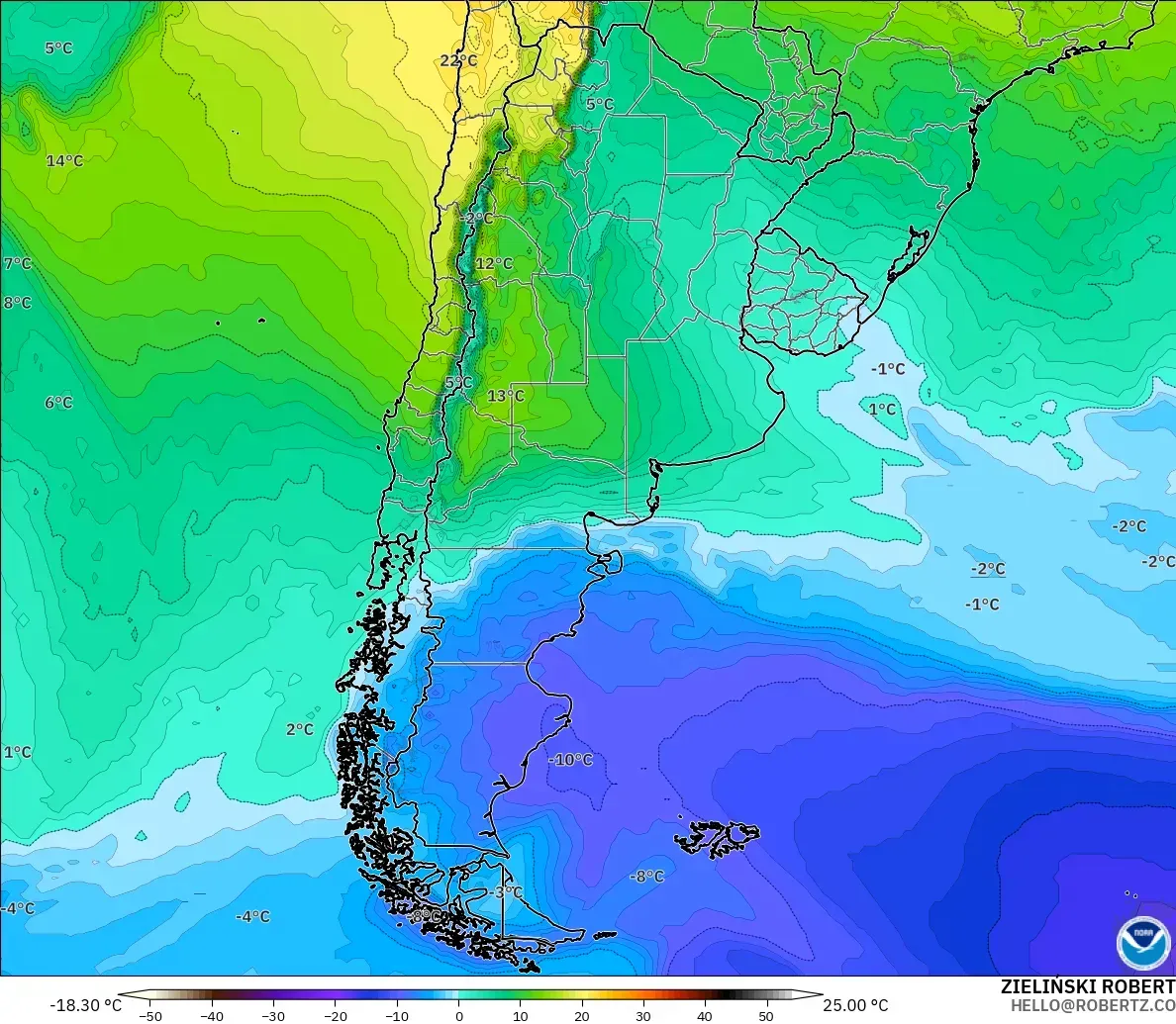 GFS model - Arjantin, 850 hPa Sıcaklık