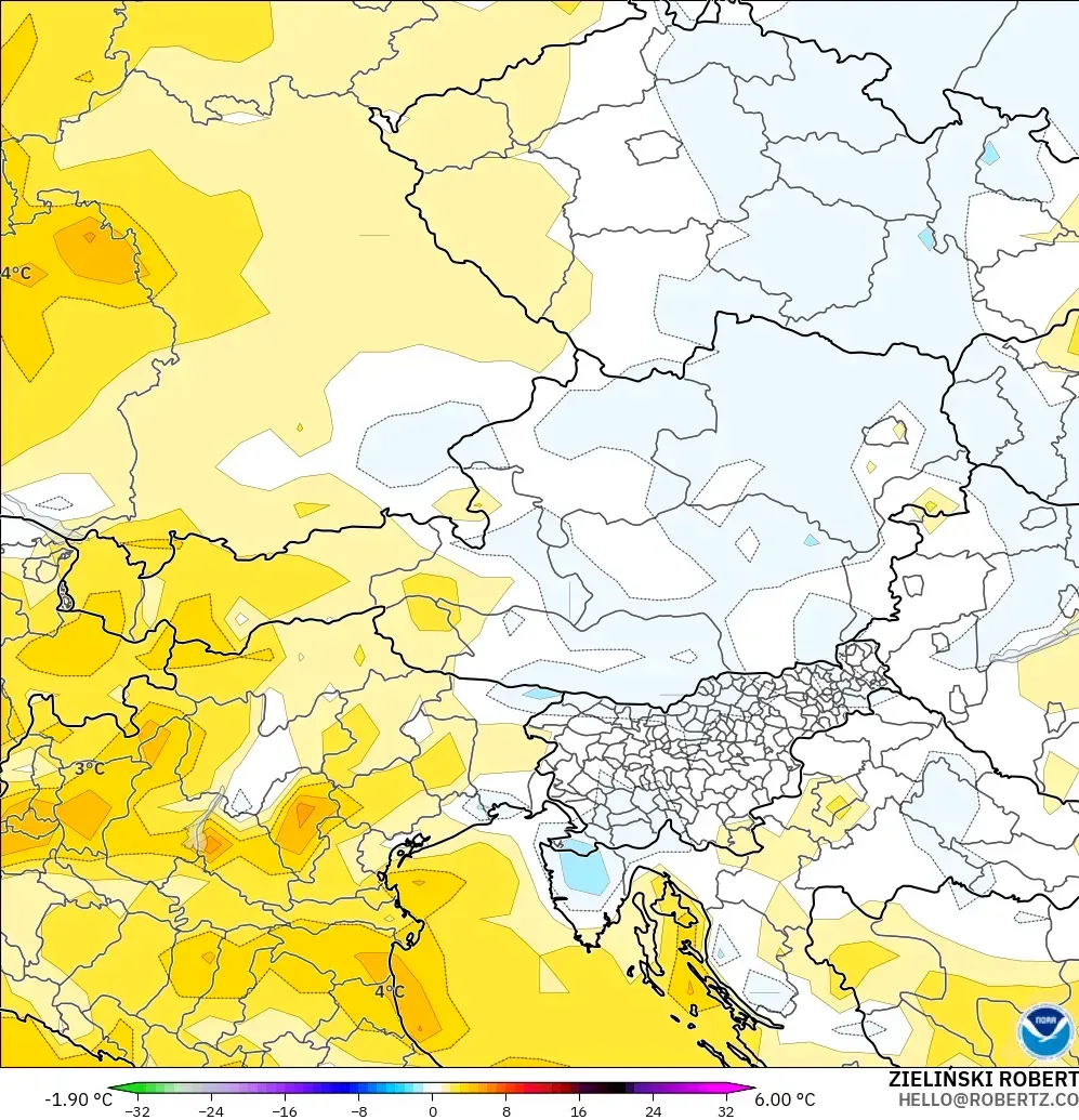 GFS model - Avusturya, 2 m Sıcaklık Anomalisi