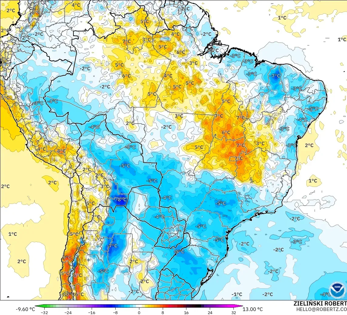 GFS model - Brezilya, 2 m Sıcaklık Anomalisi