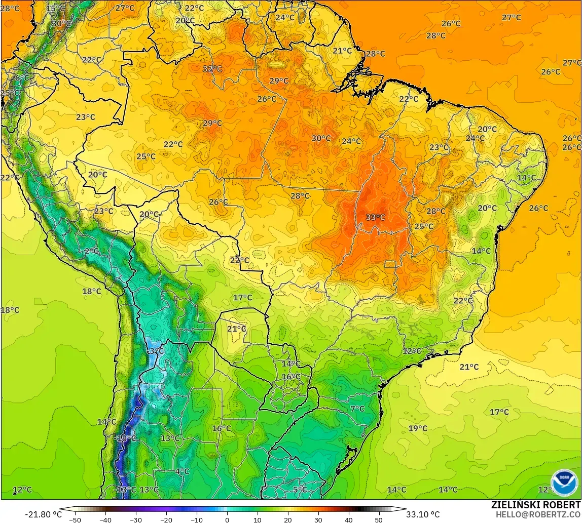 GFS model - Brezilya, 2 m Sıcaklık