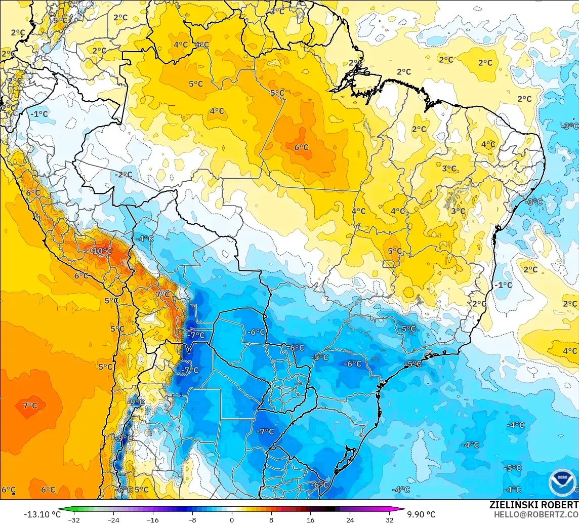 GFS model - Brezilya, 850 hPa Sıcaklık Anomalisi
