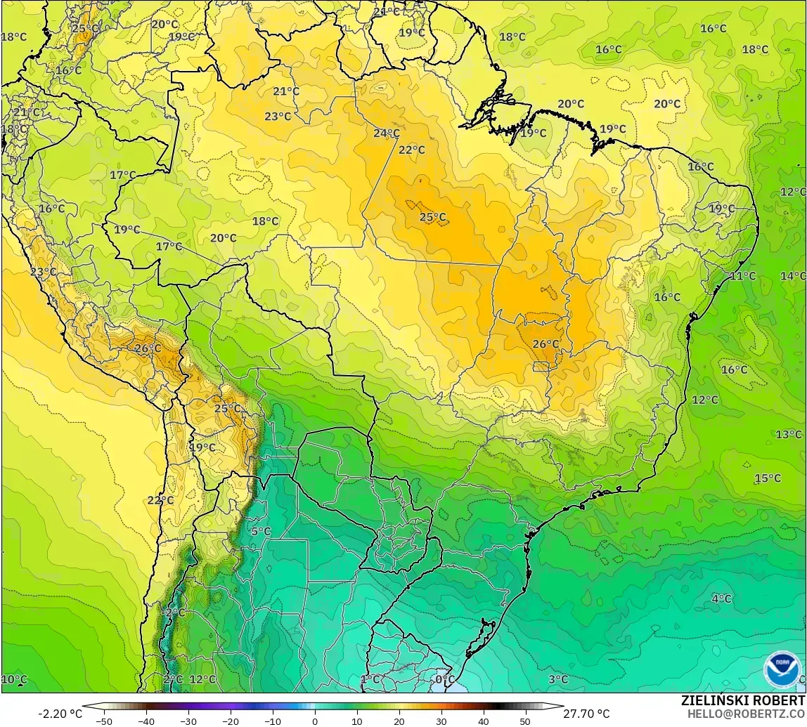 GFS model - Brezilya, 850 hPa Sıcaklık