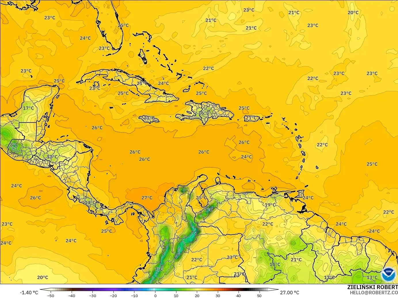 GFS model - Karayipler, 2 m Çiy Noktası