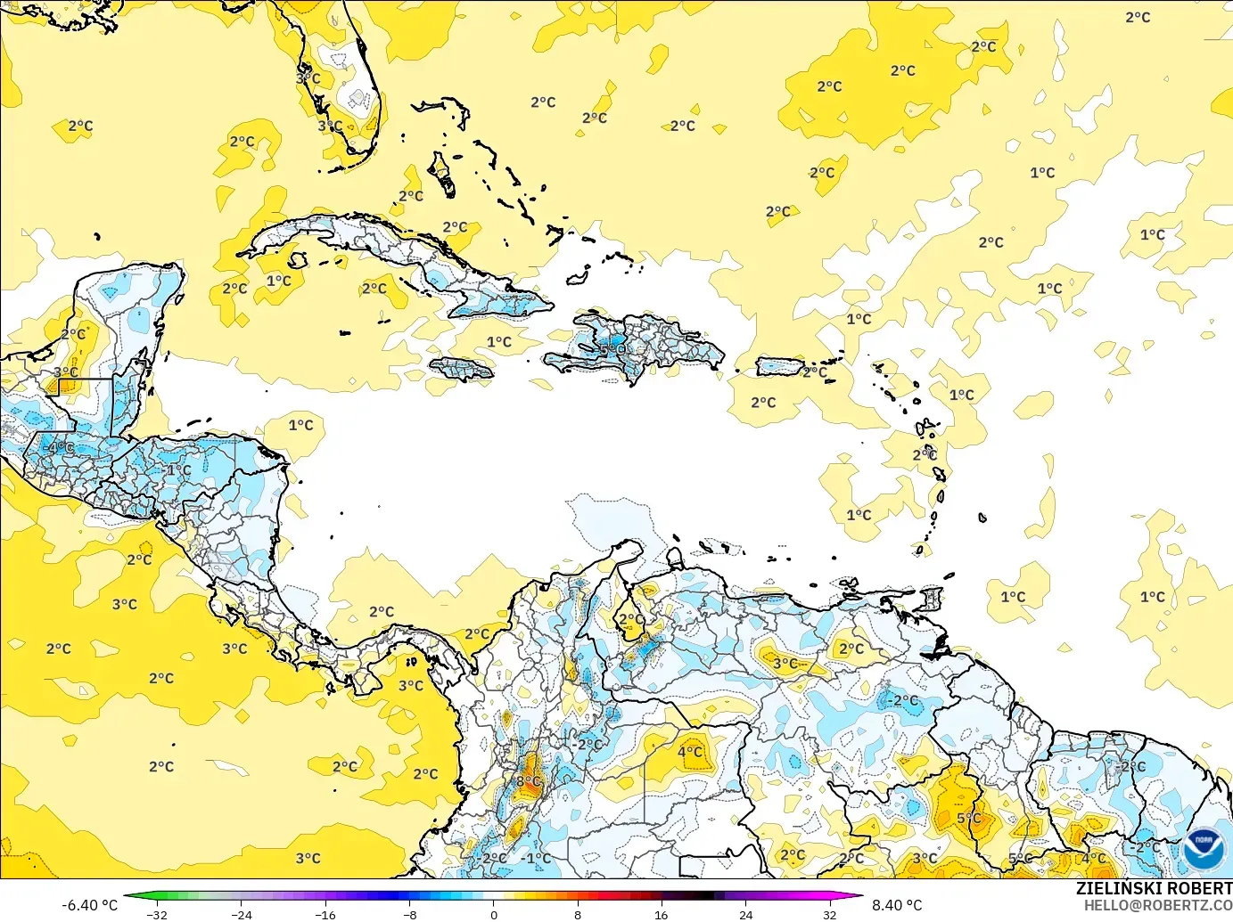 GFS model - Karayipler, 2 m Sıcaklık Anomalisi