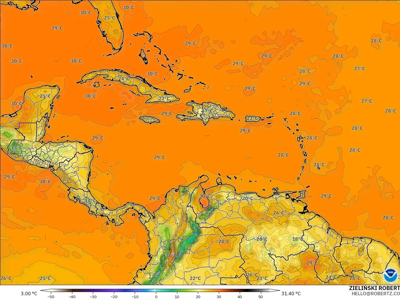 GFS model - Karayipler, 2 m Sıcaklık