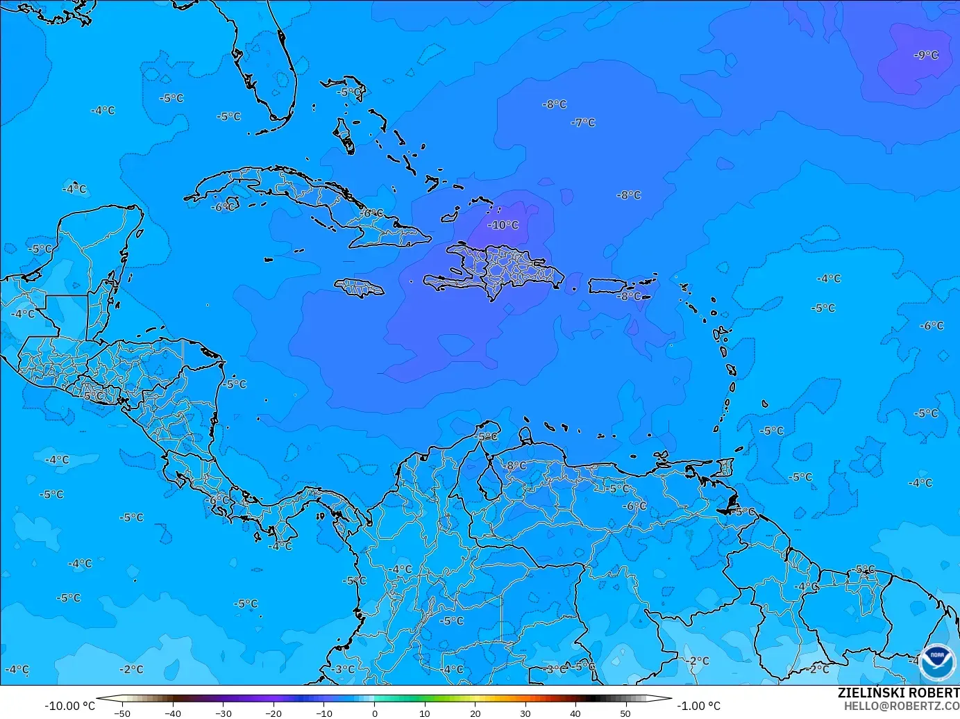 GFS model - Karayipler, 500 hPa Sıcaklık