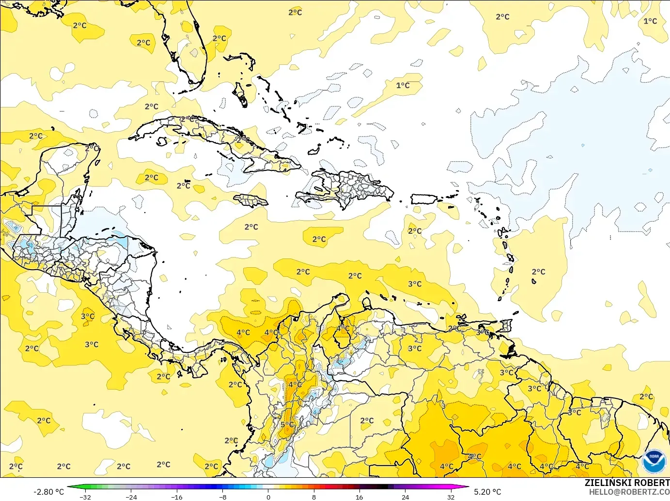 GFS model - Karayipler, 850 hPa Sıcaklık Anomalisi