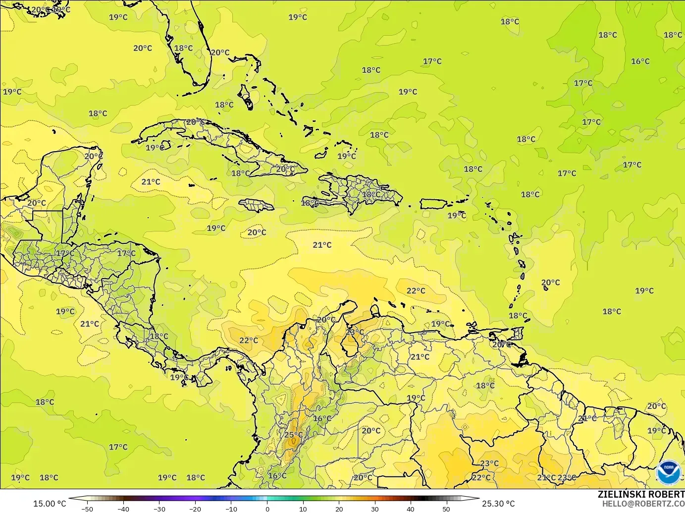 GFS model - Karayipler, 850 hPa Sıcaklık