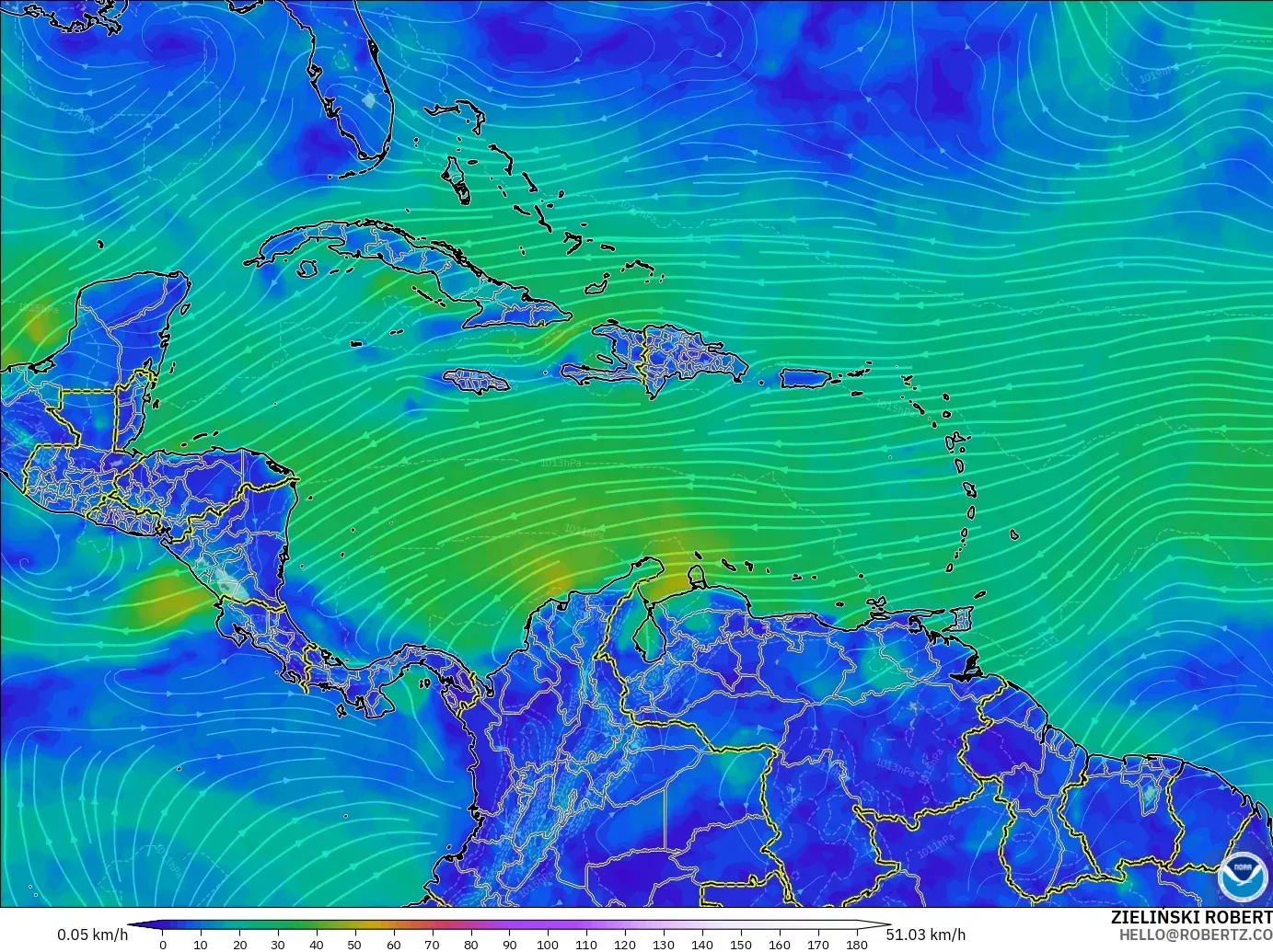GFS model - Karayipler, 10 m Rüzgâr