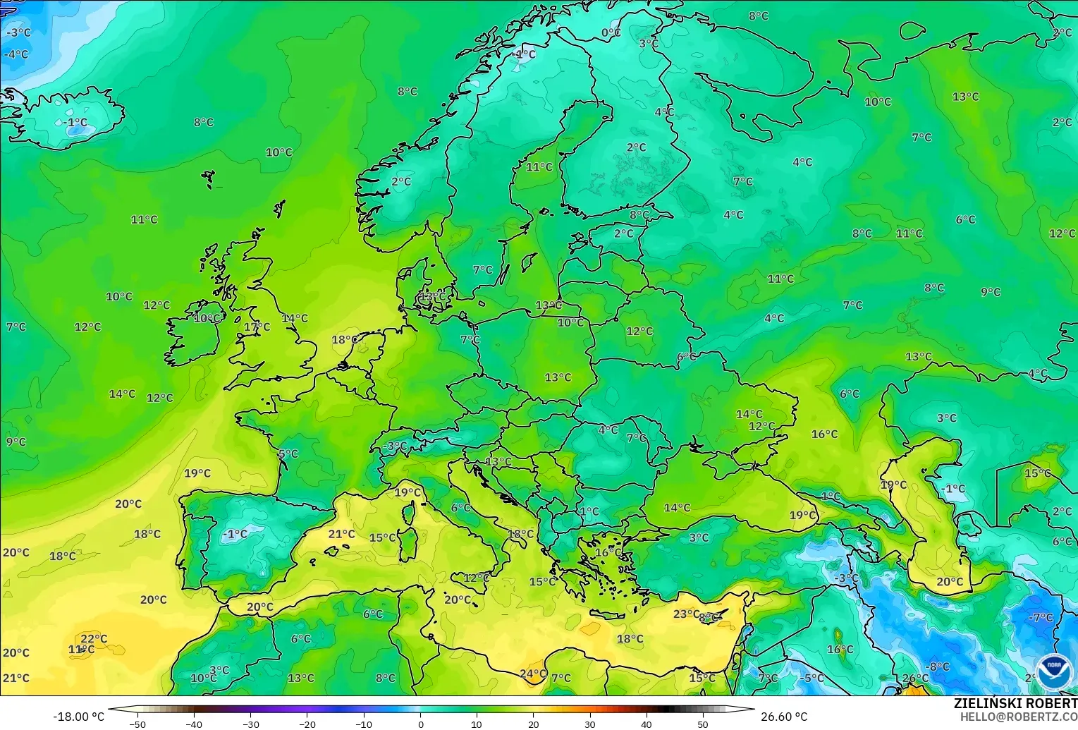 GFS model - Avrupa, 2 m Çiy Noktası