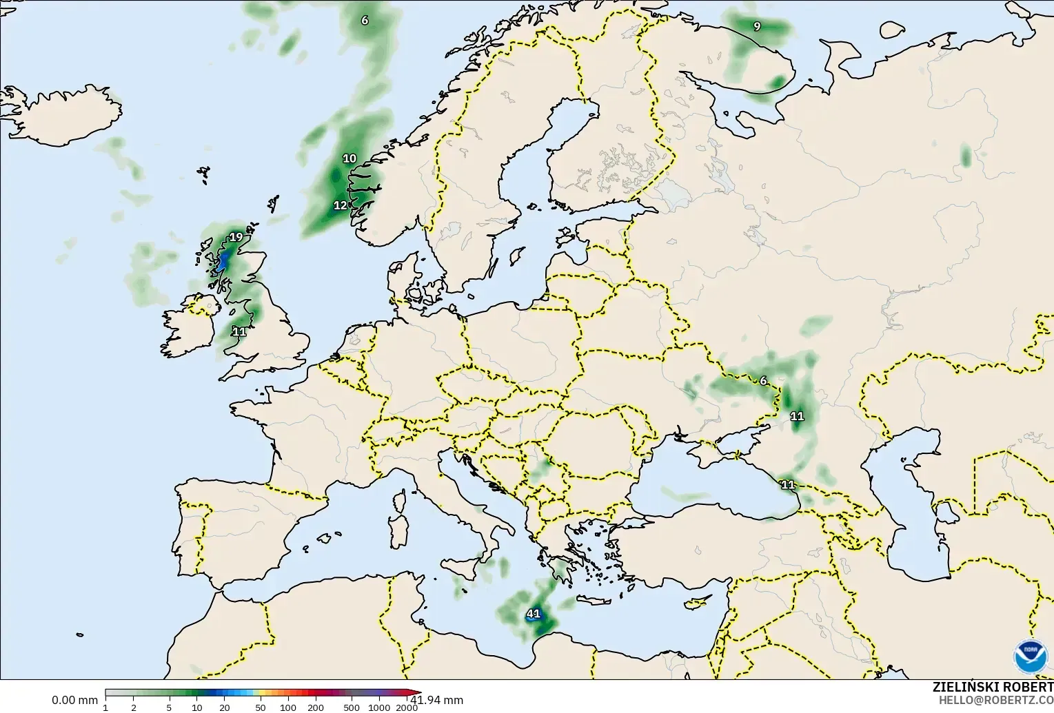 GFS model - Avrupa, Yağış Birikimi