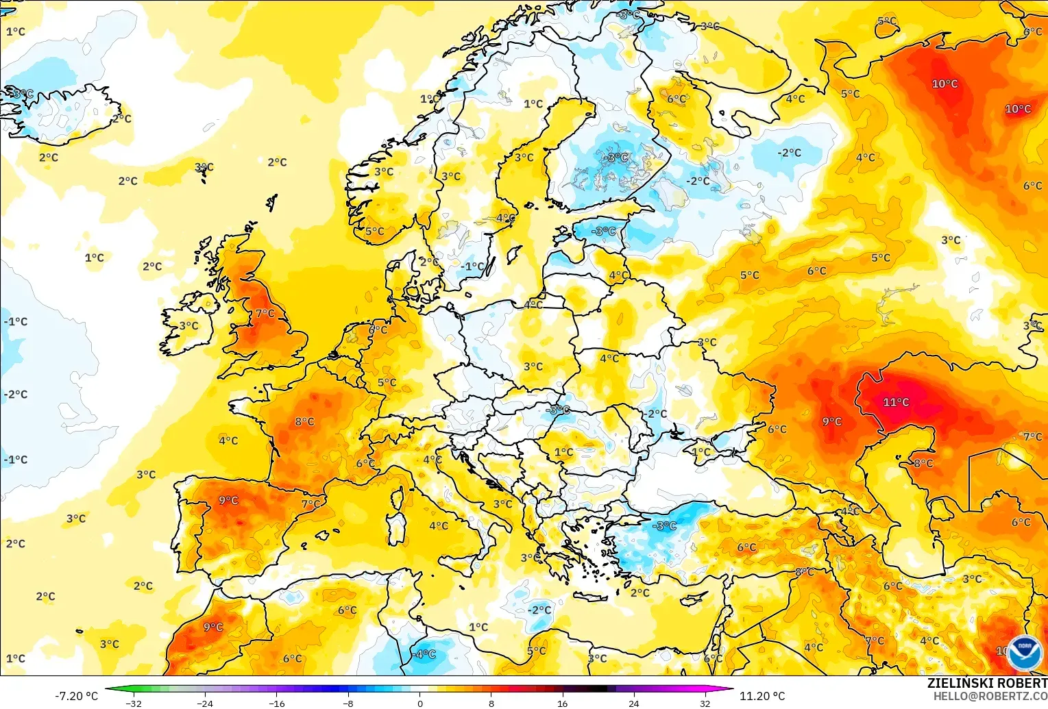 GFS model - Avrupa, 2 m Sıcaklık Anomalisi