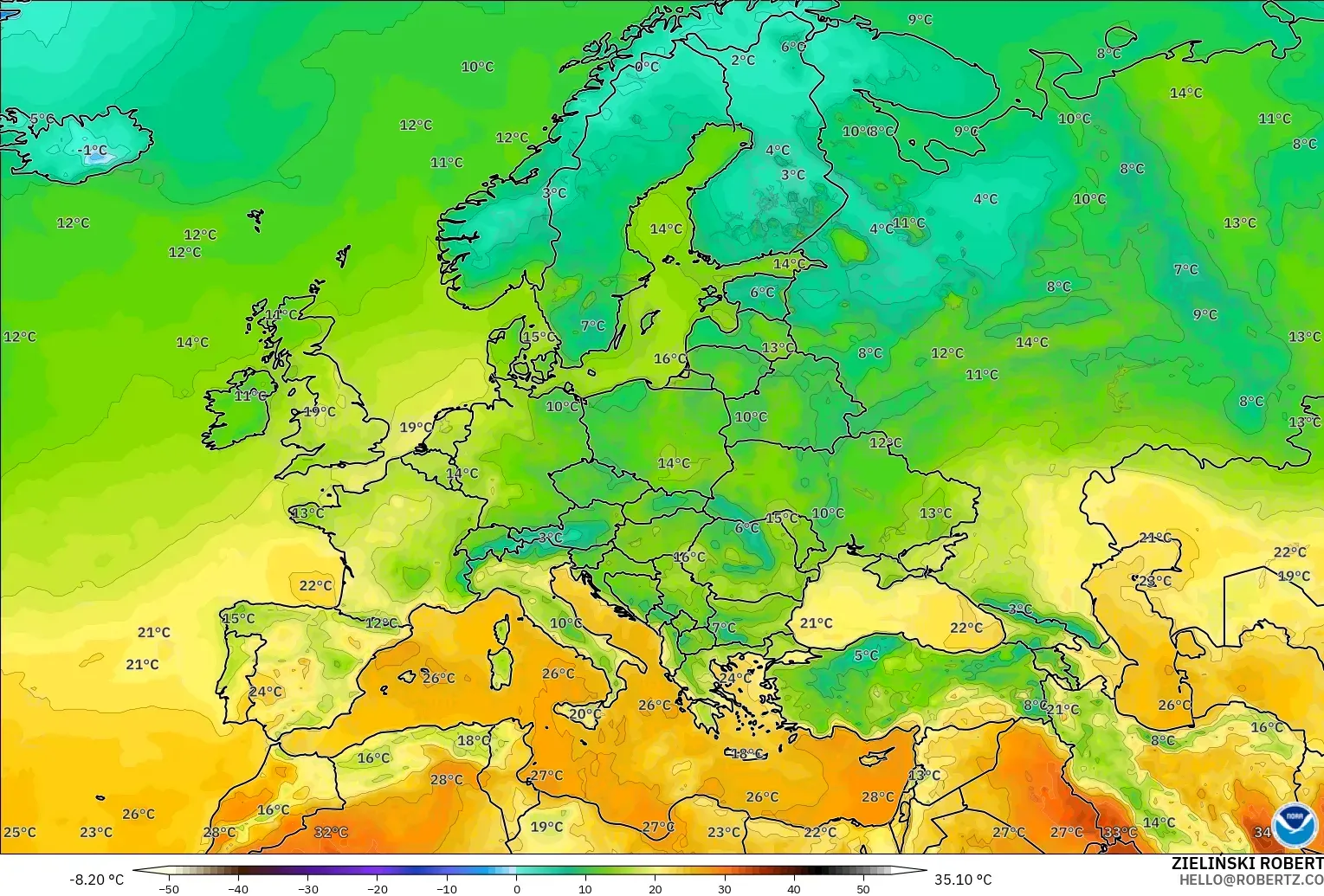 GFS model - Avrupa, 2 m Sıcaklık