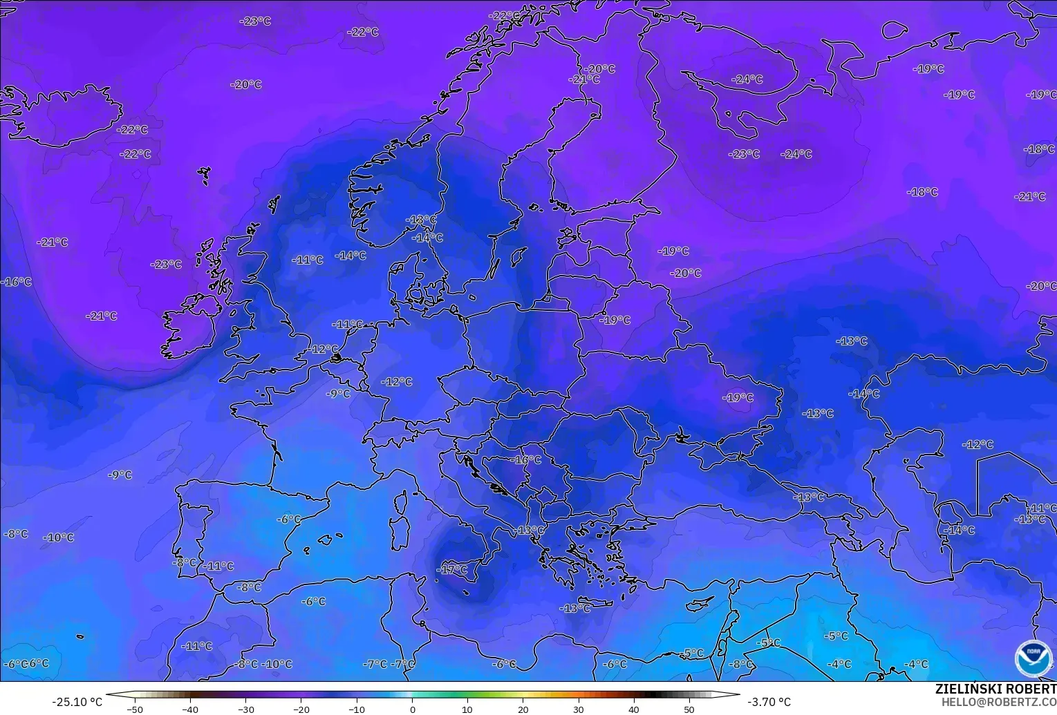 GFS model - Avrupa, 500 hPa Sıcaklık