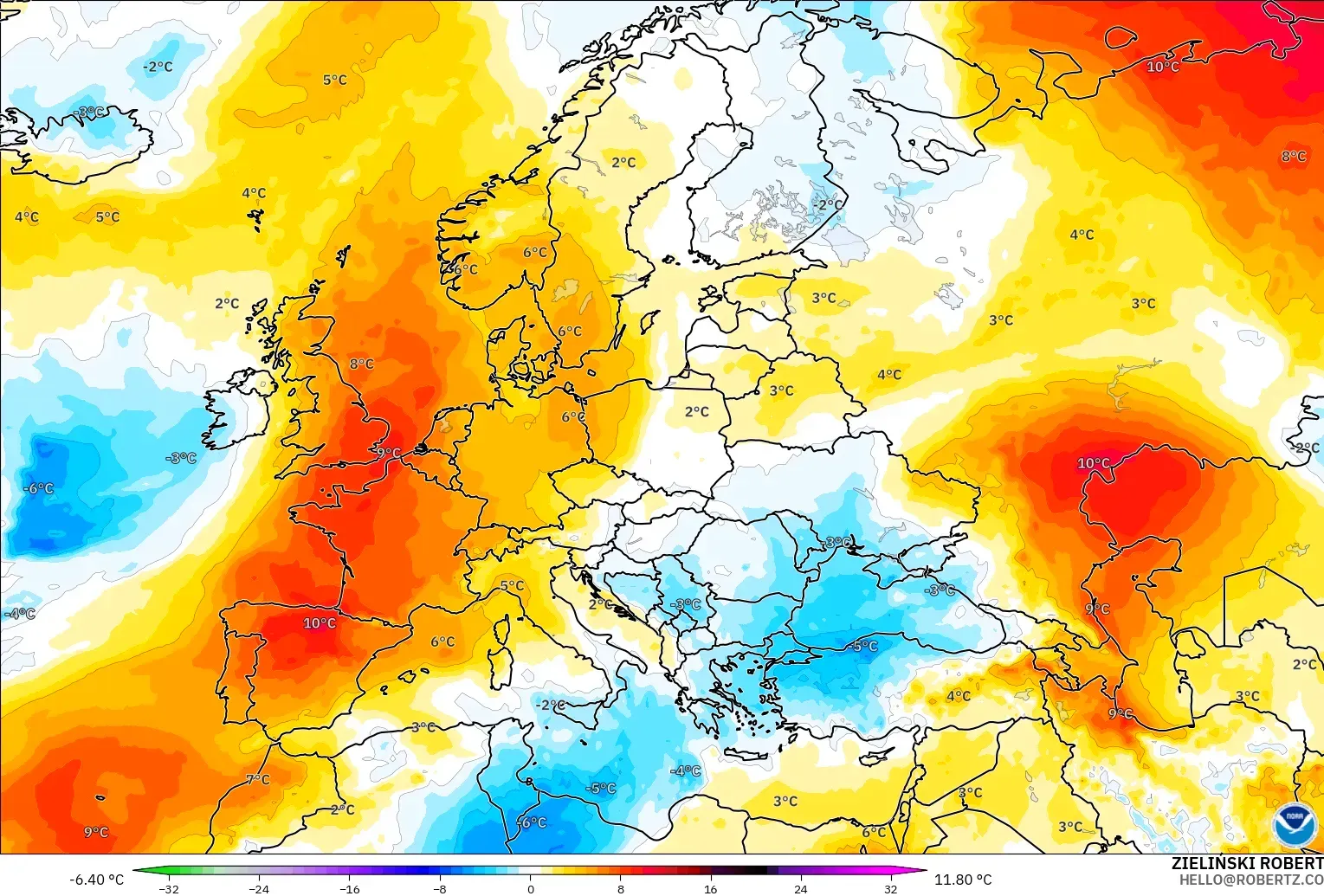 GFS model - Avrupa, 850 hPa Sıcaklık Anomalisi