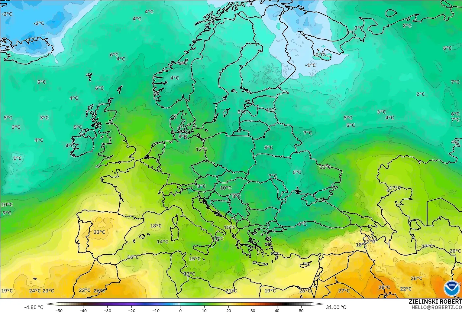 GFS model - Avrupa, 850 hPa Sıcaklık
