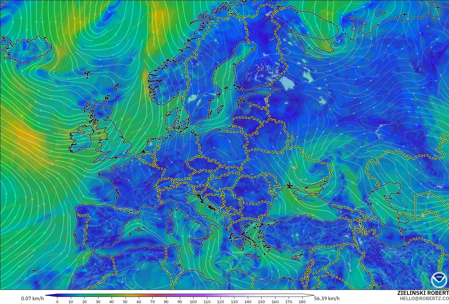 GFS model - Avrupa, 10 m Rüzgâr