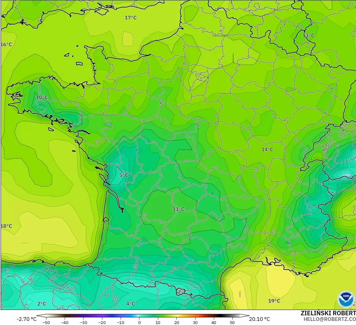 GFS model - Fransa, 2 m Çiy Noktası