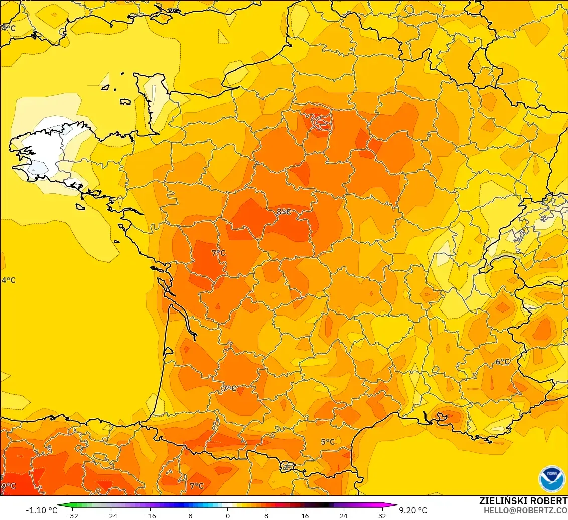 GFS model - Fransa, 2 m Sıcaklık Anomalisi