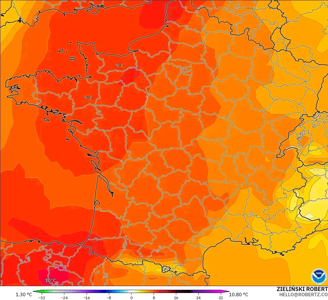 GFS model - Fransa, 850 hPa Sıcaklık Anomalisi