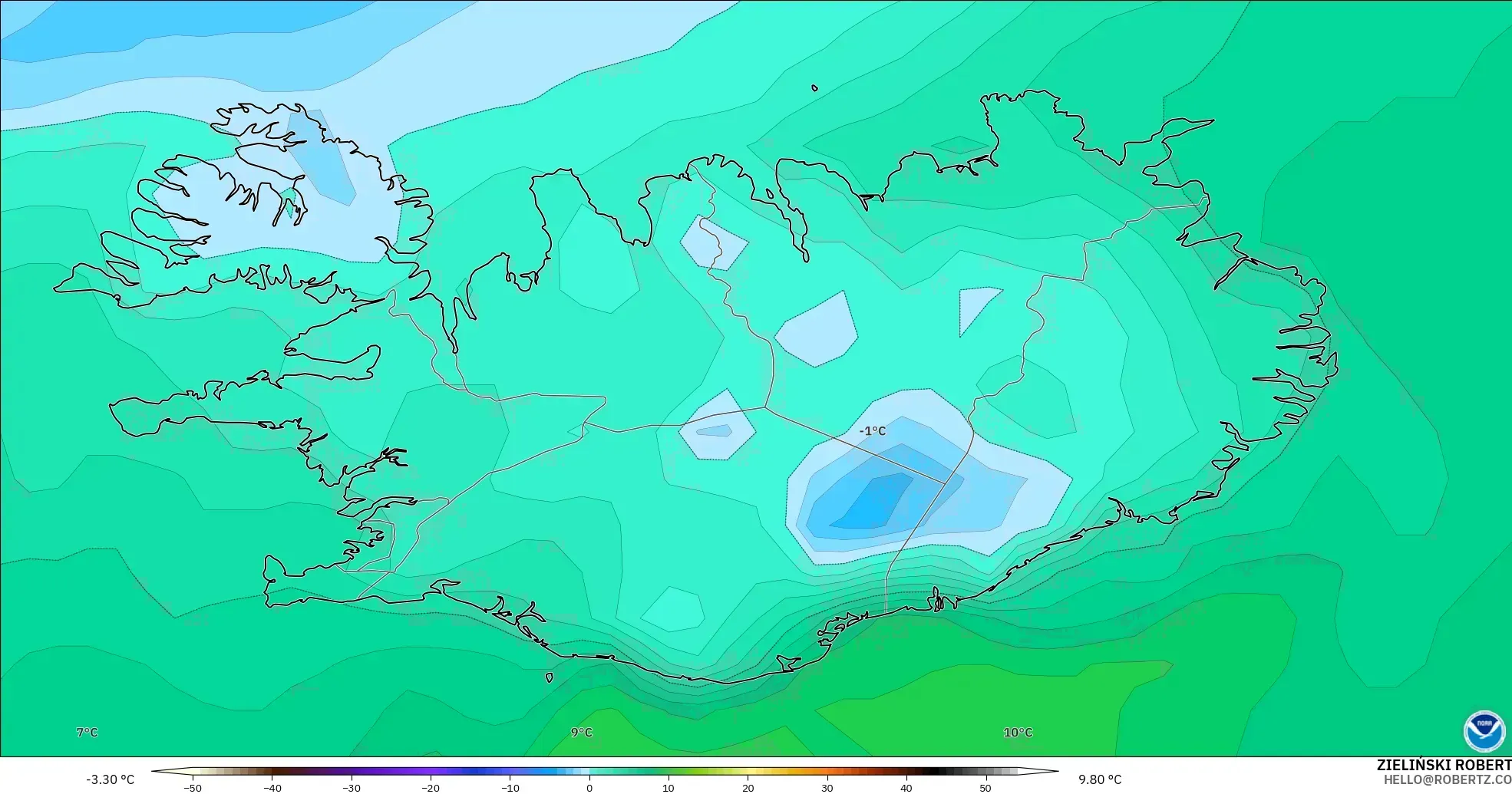 GFS model - İzlanda, 2 m Çiy Noktası