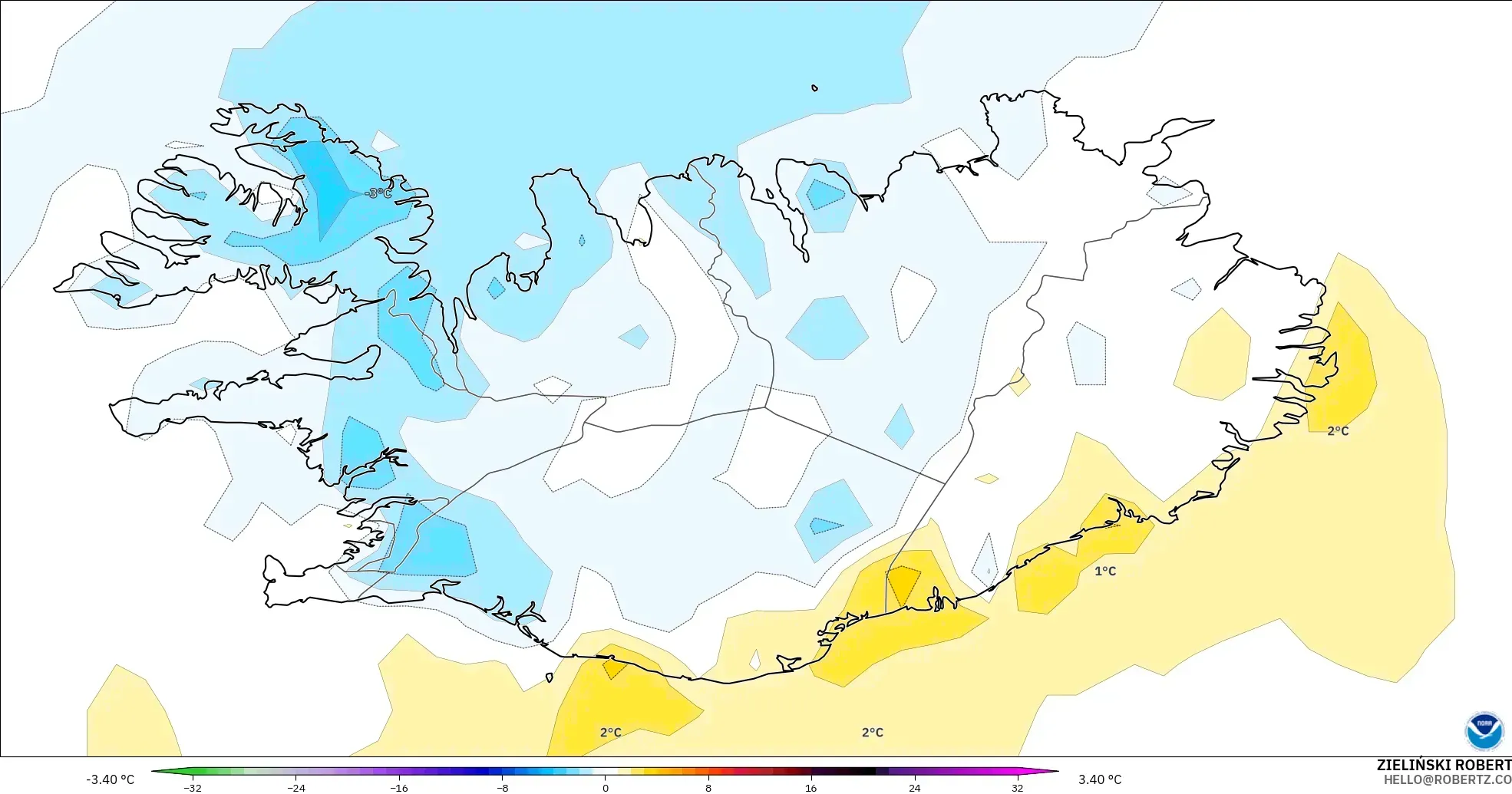 GFS model - İzlanda, 2 m Sıcaklık Anomalisi