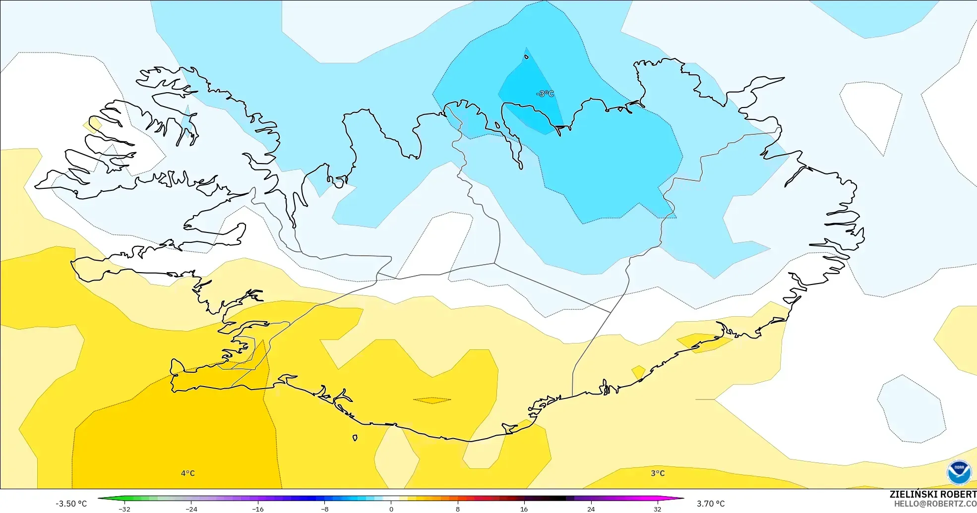 GFS model - İzlanda, 850 hPa Sıcaklık Anomalisi