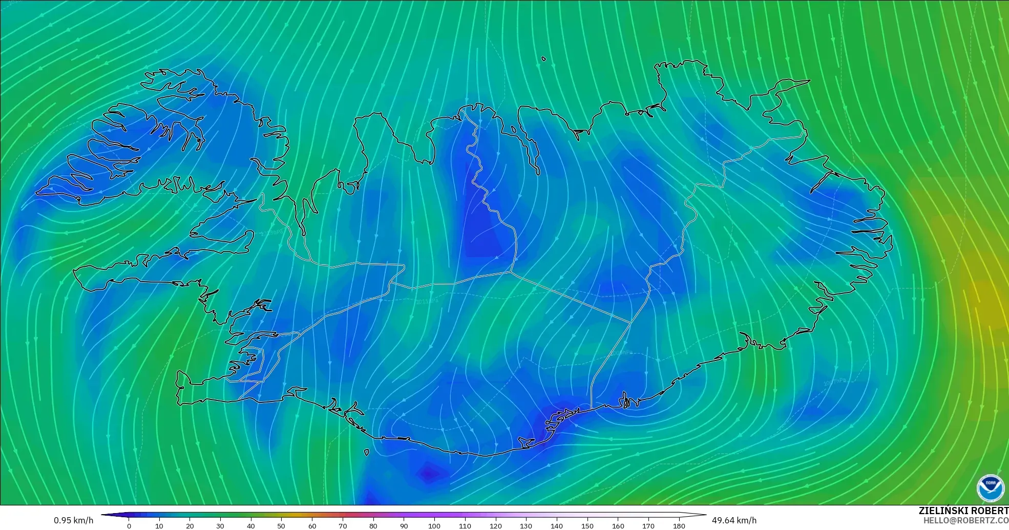 GFS model - İzlanda, 10 m Rüzgâr