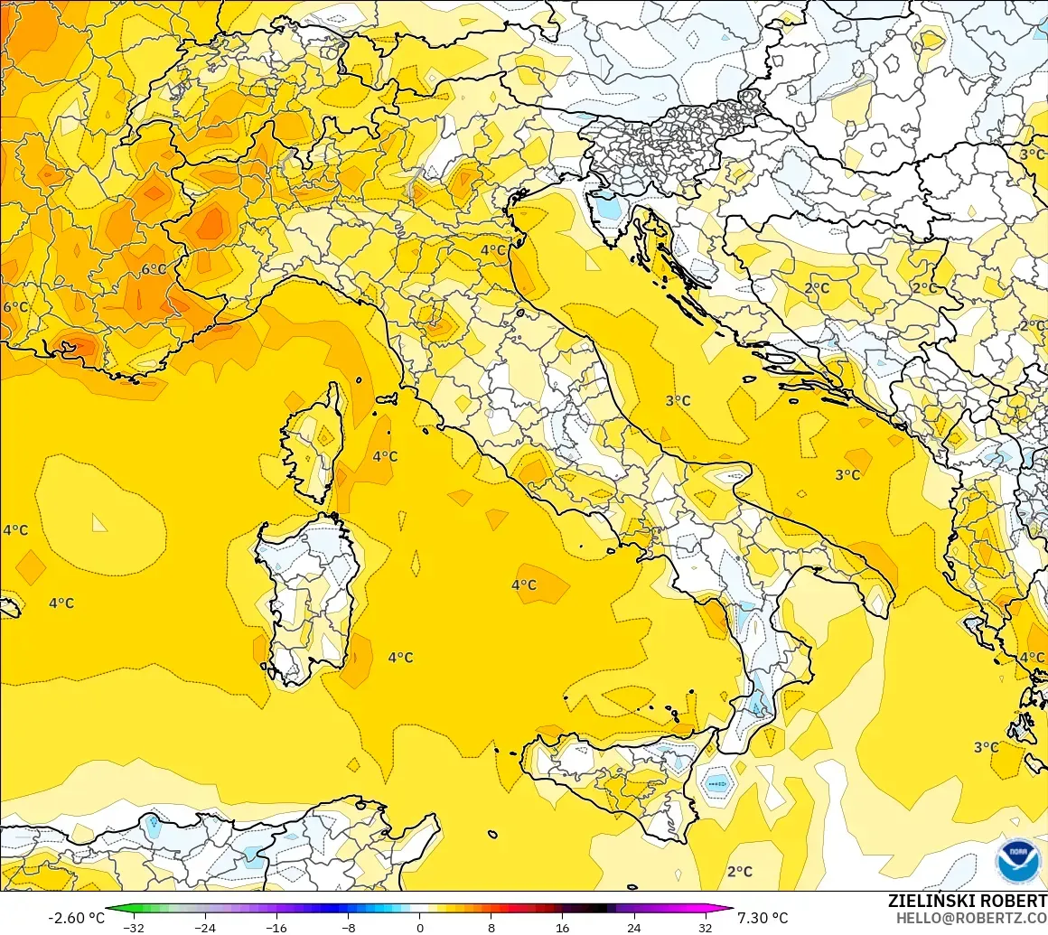 GFS model - İtalya, 2 m Sıcaklık Anomalisi
