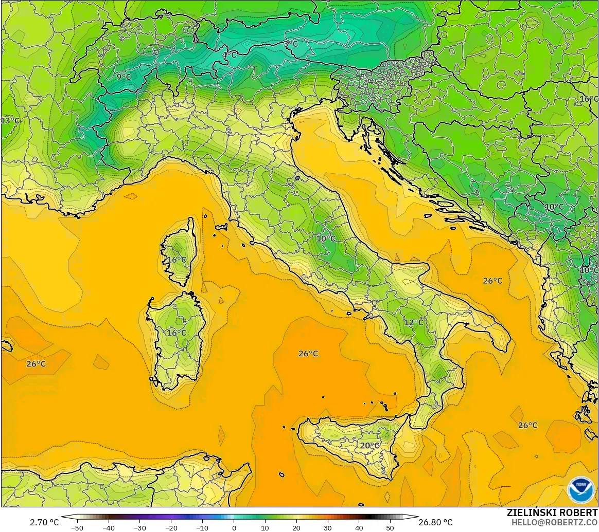 GFS model - İtalya, 2 m Sıcaklık