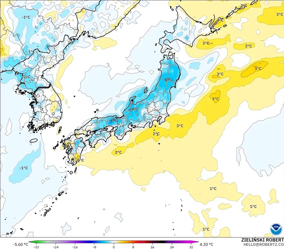 GFS model - Japonya, 2 m Sıcaklık Anomalisi