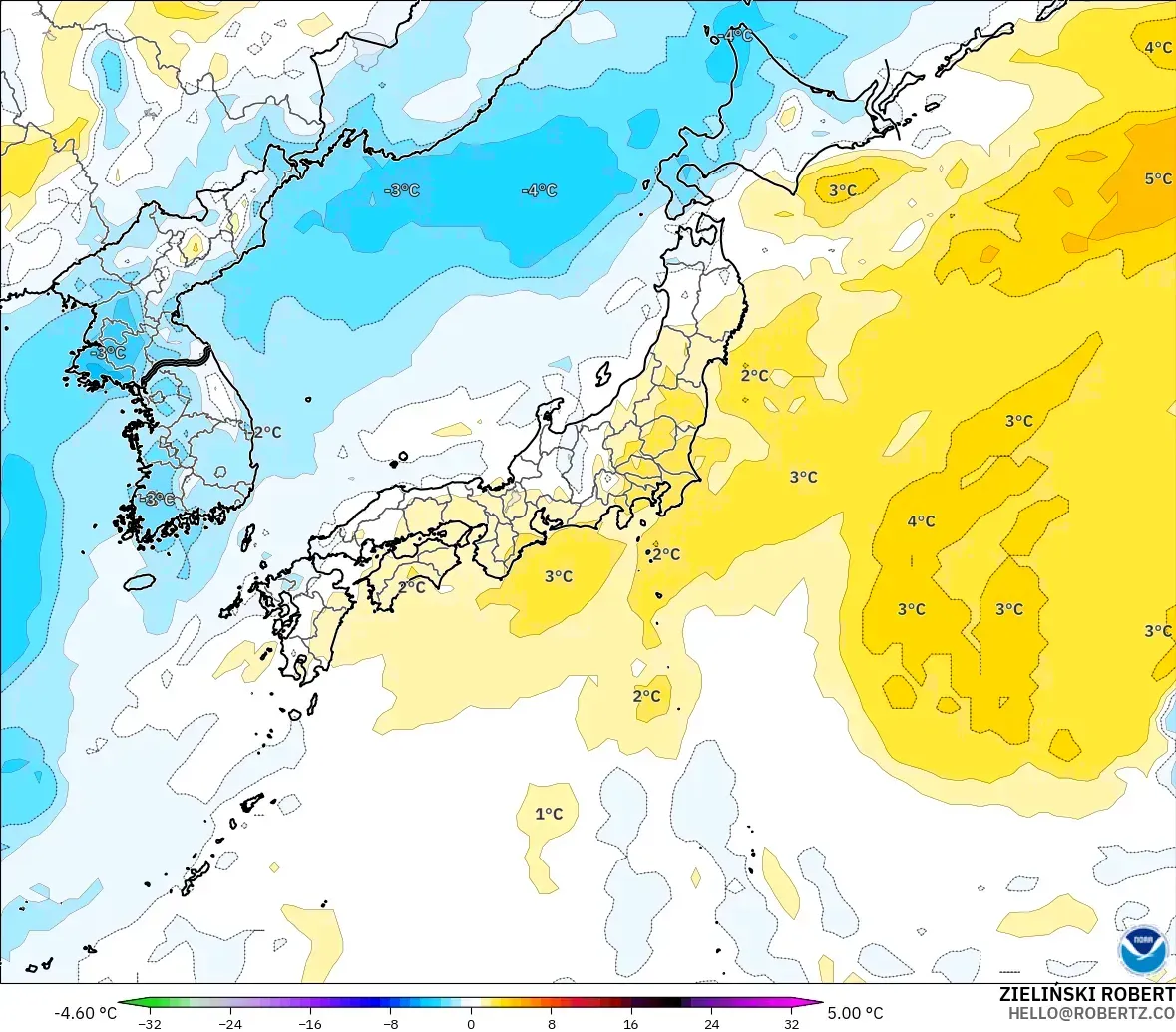 GFS model - Japonya, 850 hPa Sıcaklık Anomalisi
