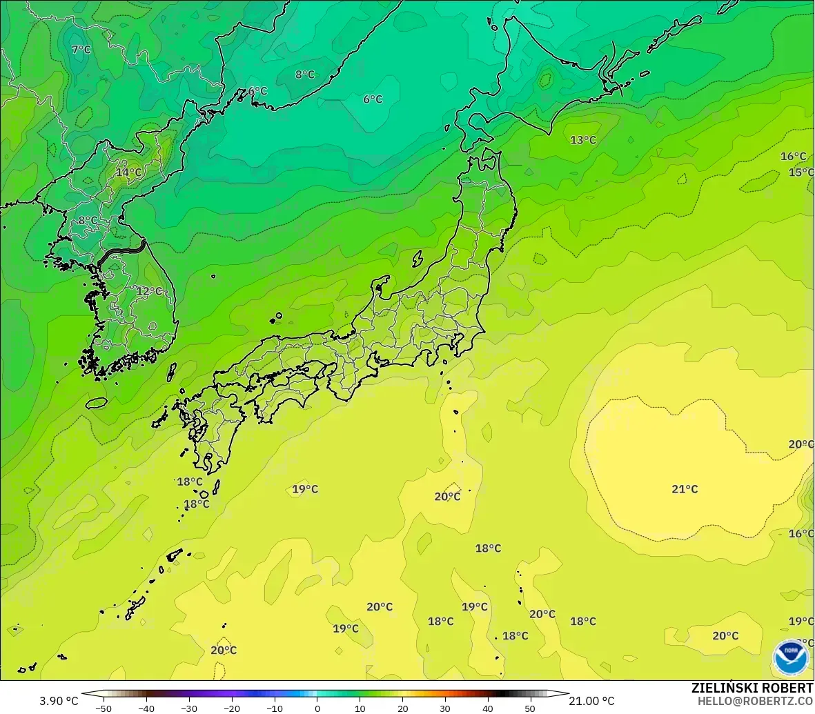 GFS model - Japonya, 850 hPa Sıcaklık