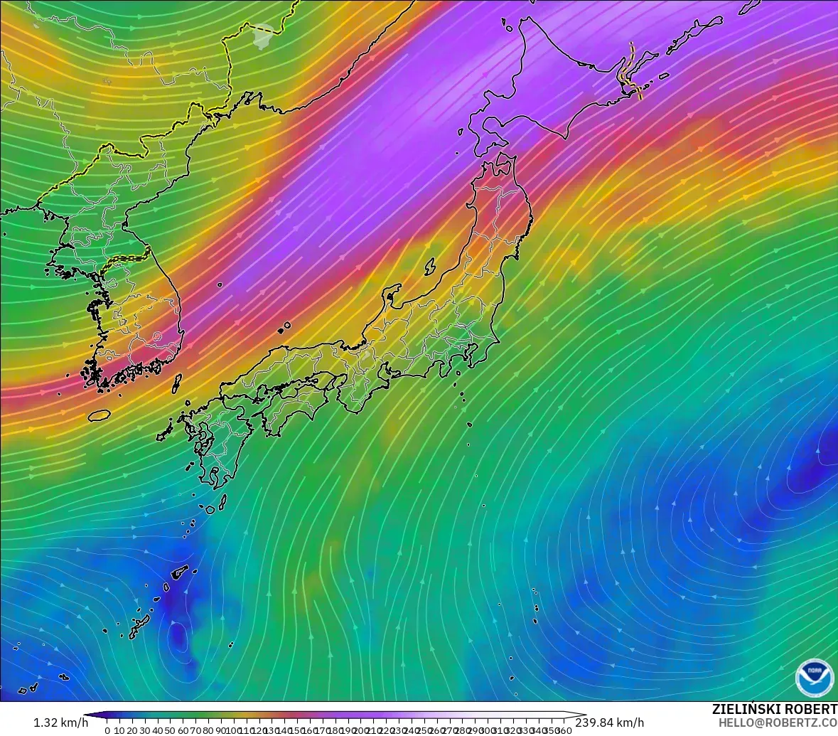 GFS model - Japonya, 300 hPa Rüzgârı (jet)