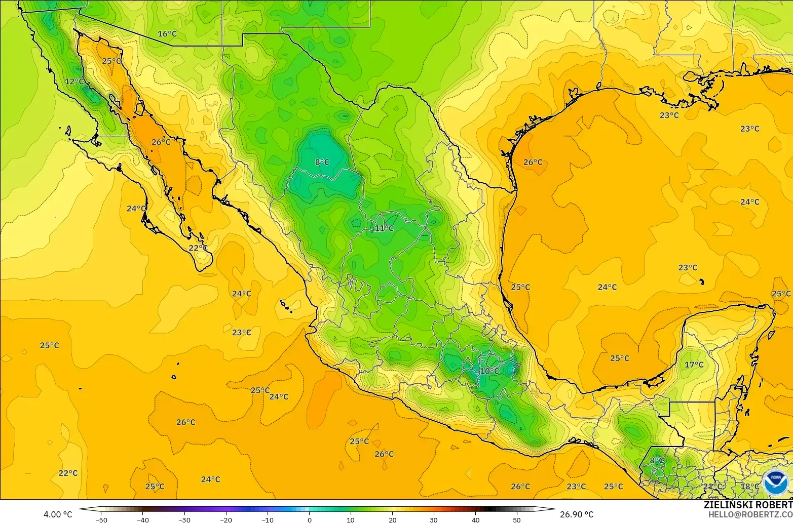 GFS model - Meksika, 2 m Çiy Noktası