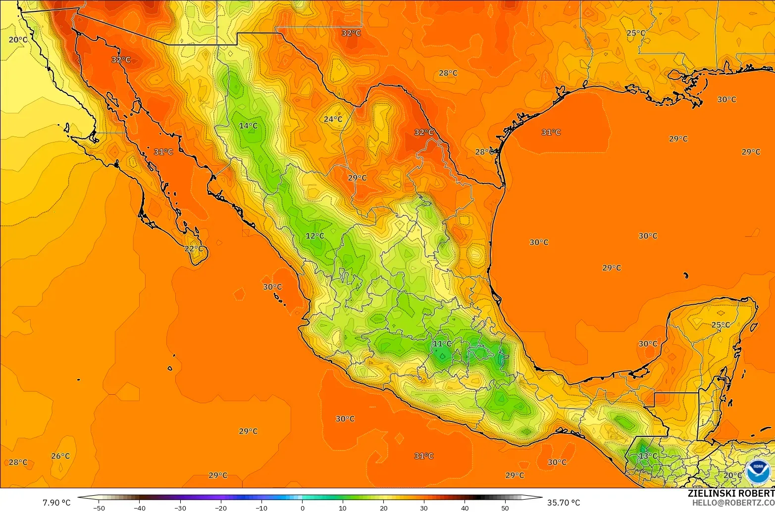 GFS model - Meksika, 2 m Sıcaklık