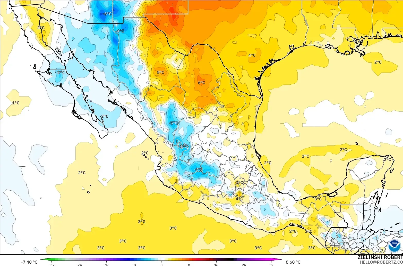 GFS model - Meksika, 850 hPa Sıcaklık Anomalisi