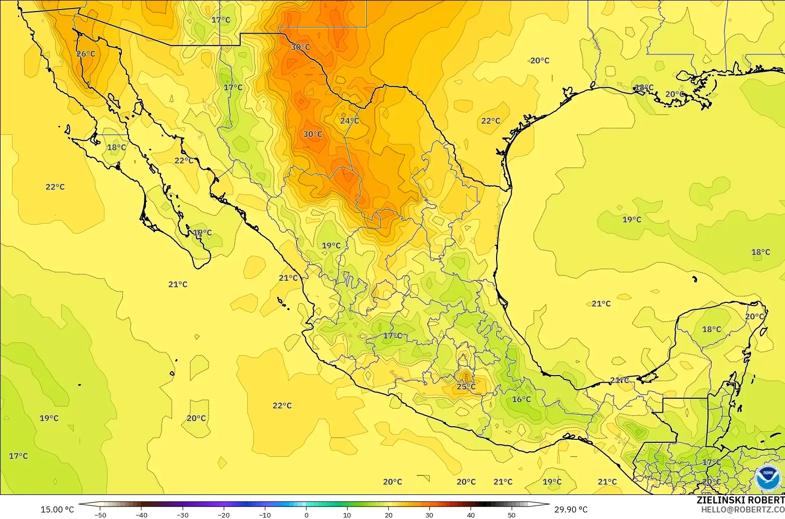GFS model - Meksika, 850 hPa Sıcaklık