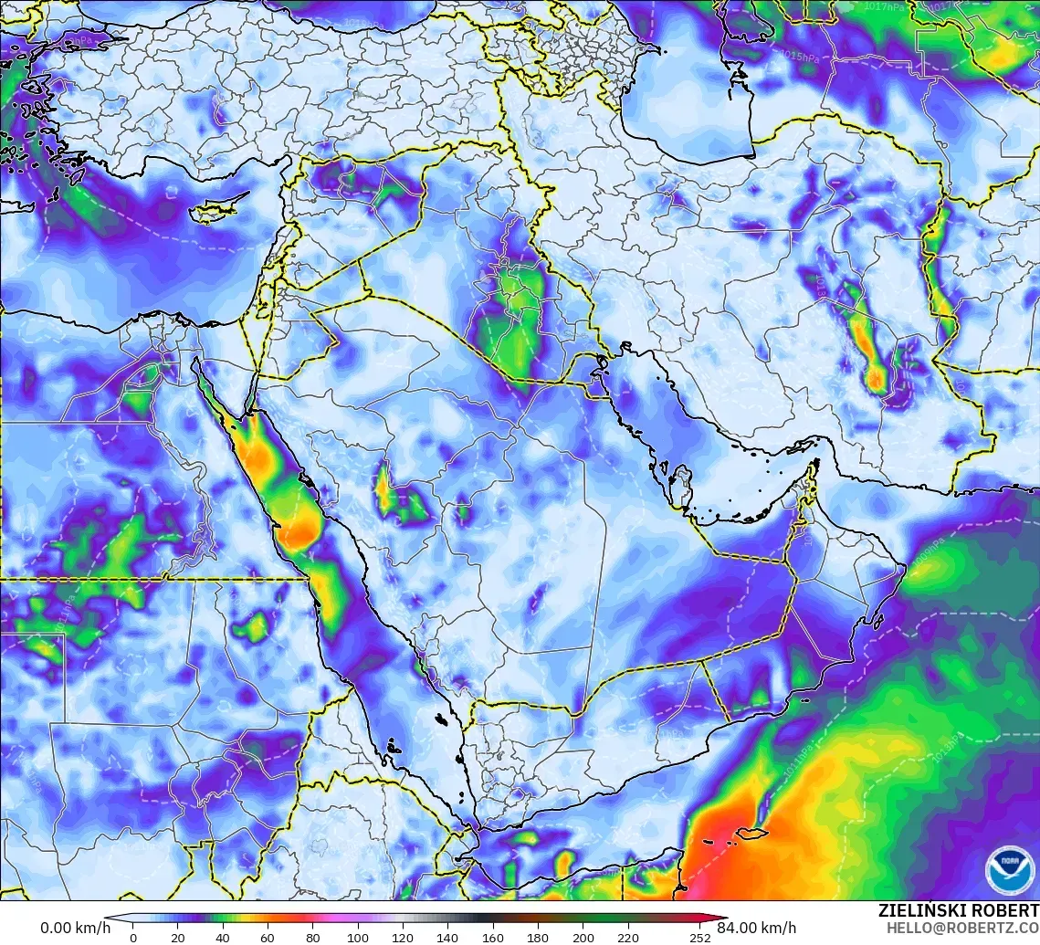 GFS model - Orta Doğu, En Yüksek Rüzgâr