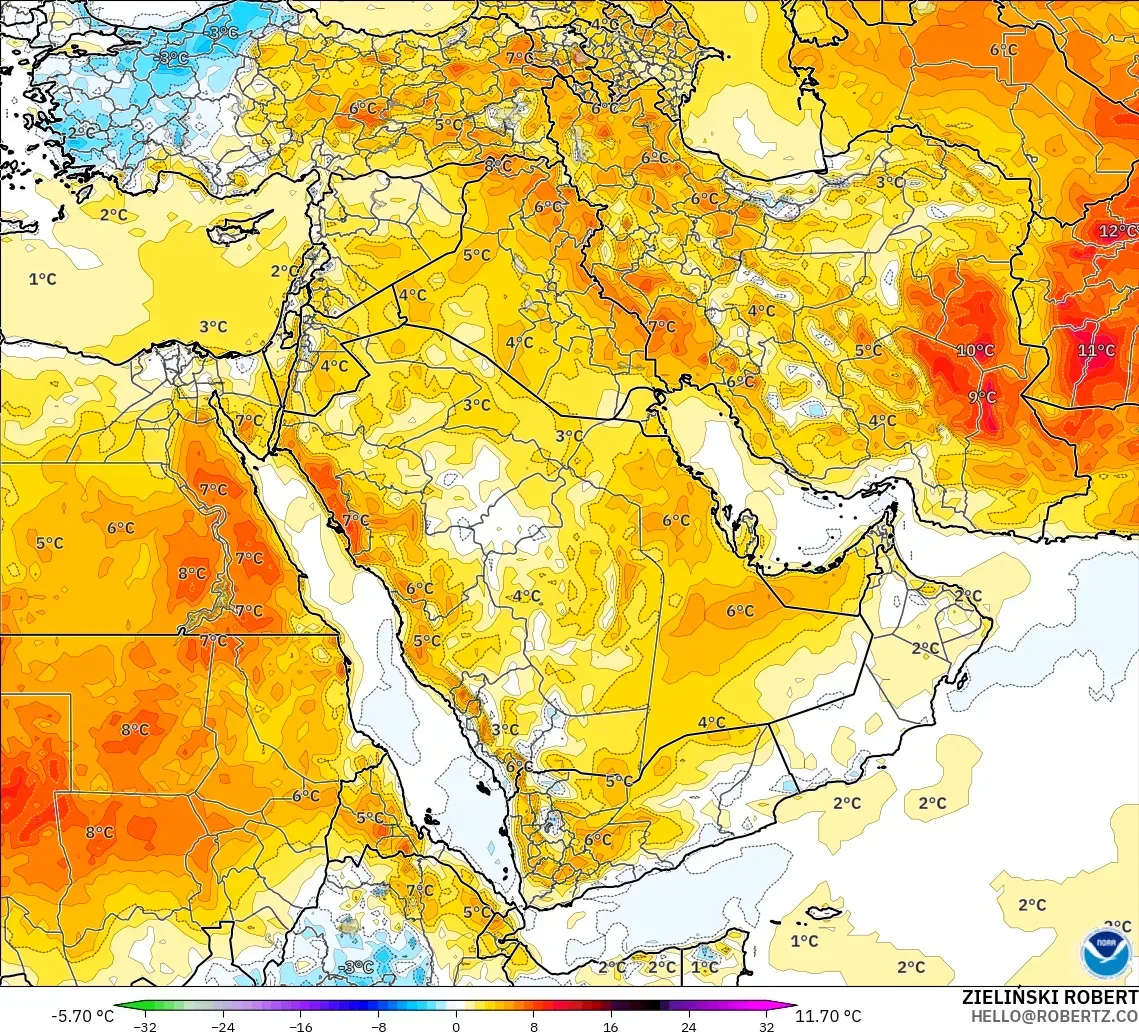 GFS model - Orta Doğu, 2 m Sıcaklık Anomalisi