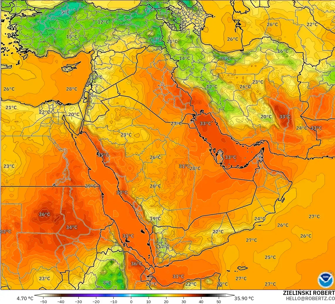 GFS model - Orta Doğu, 2 m Sıcaklık