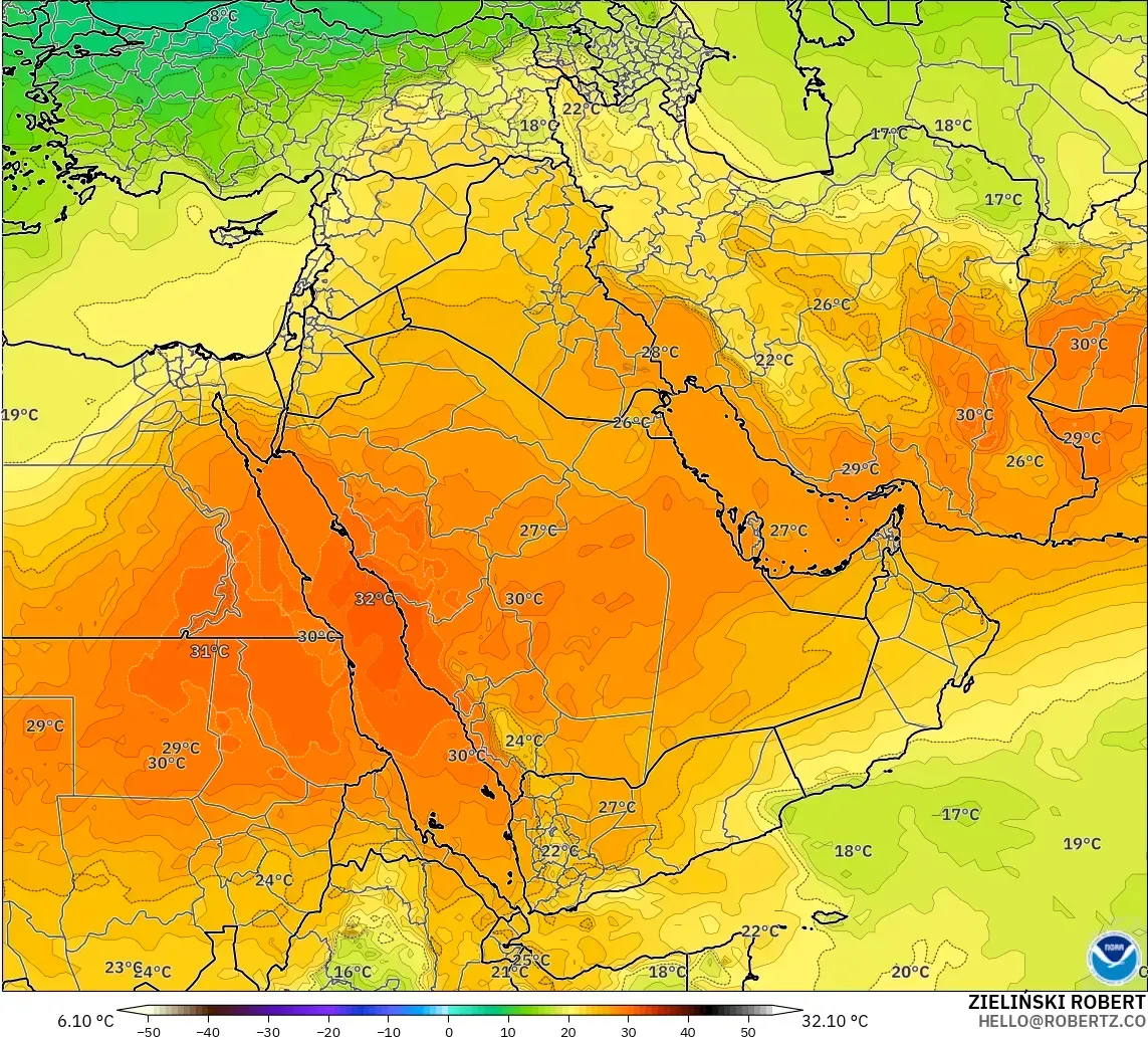 GFS model - Orta Doğu, 850 hPa Sıcaklık