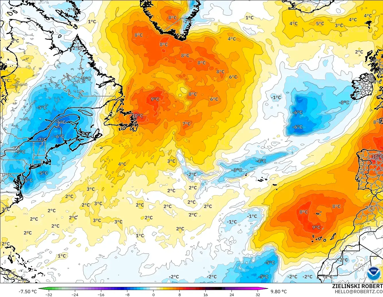 GFS model - Kuzey Atlantik, 850 hPa Sıcaklık Anomalisi