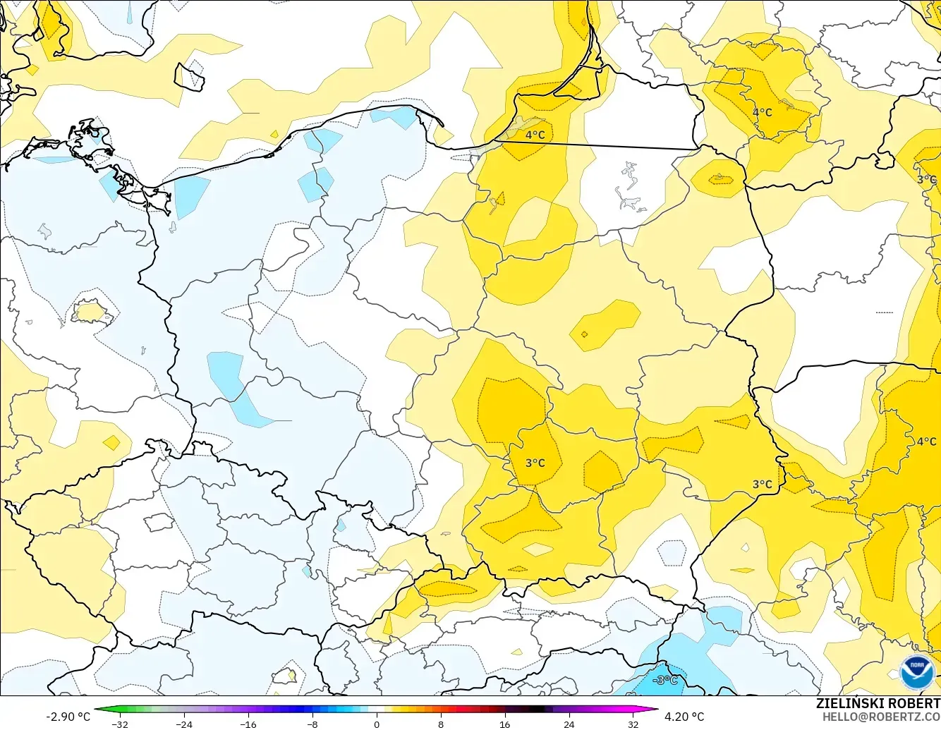 GFS model - Polonya, 2 m Sıcaklık Anomalisi