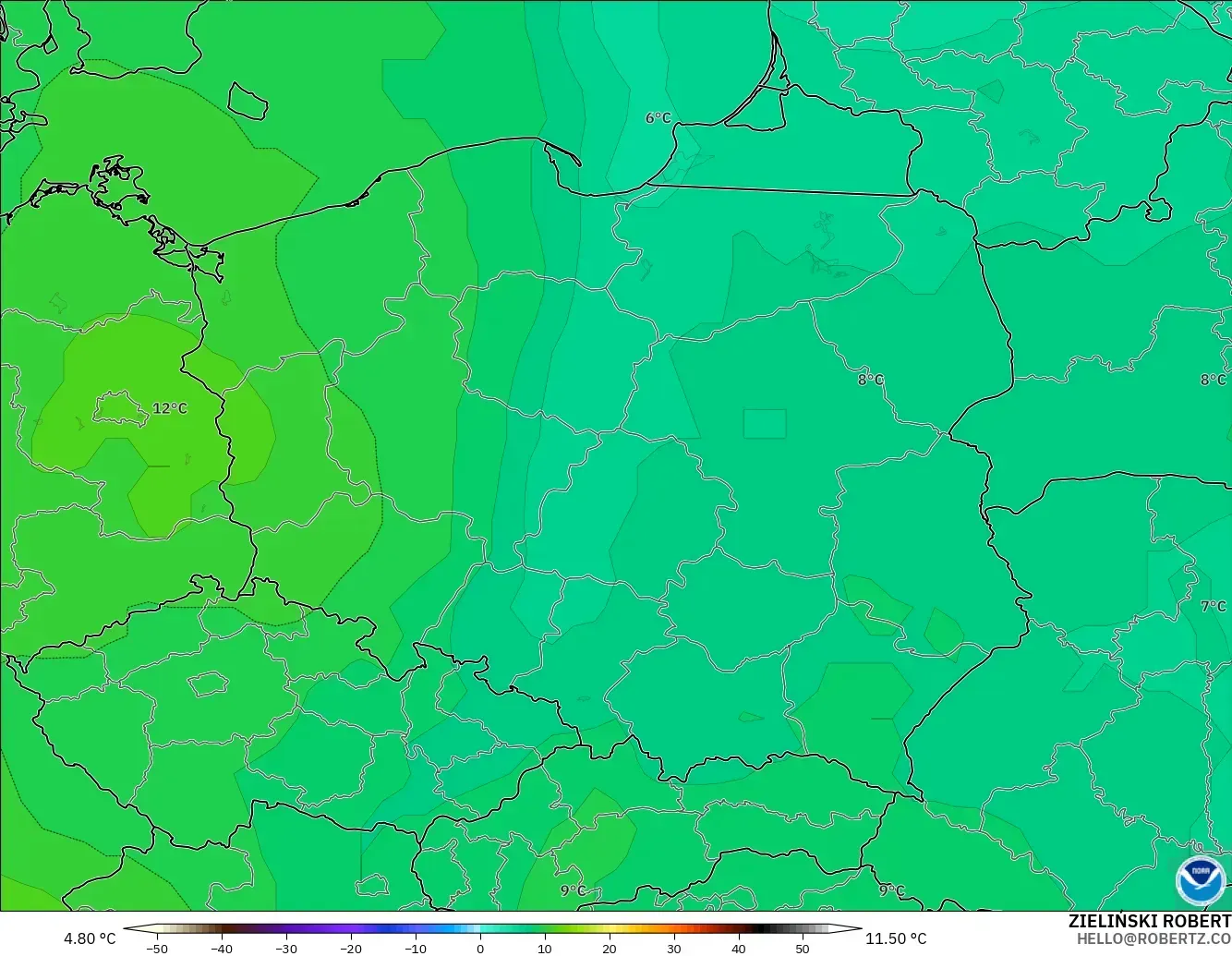 GFS model - Polonya, 850 hPa Sıcaklık